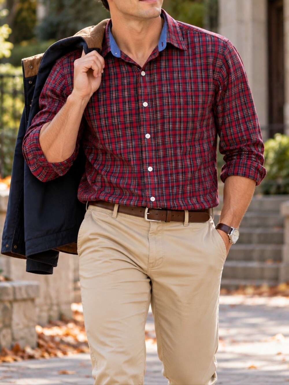 CHAPS Men's Red Navy Plaid Button Down Shirt Long Sleeve Preppy Classic